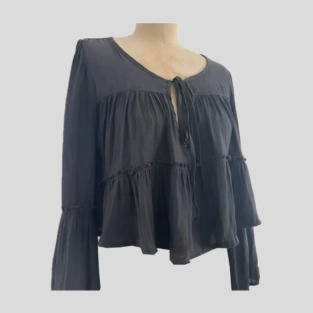Free People Gray Cropped Long Bell Sleeve Casual Boho Top Blouse Womens S